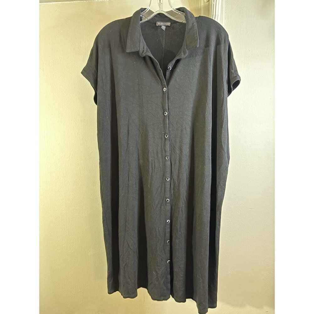 EILEEN FISHER Black Viscose Spandex Button Front Dress L Lagenlook‎